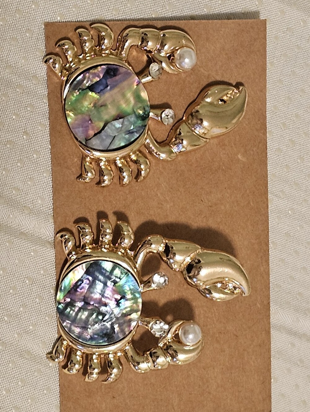 Gold Crab Earrings with Abalone Inlay and Pearls